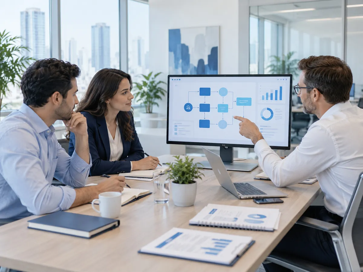 Consultants and a manager reviewing a project roadmap