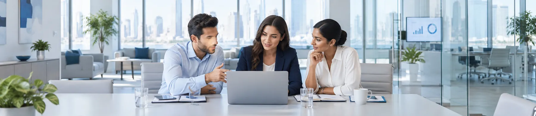 Office colleagues collaborating around a laptop