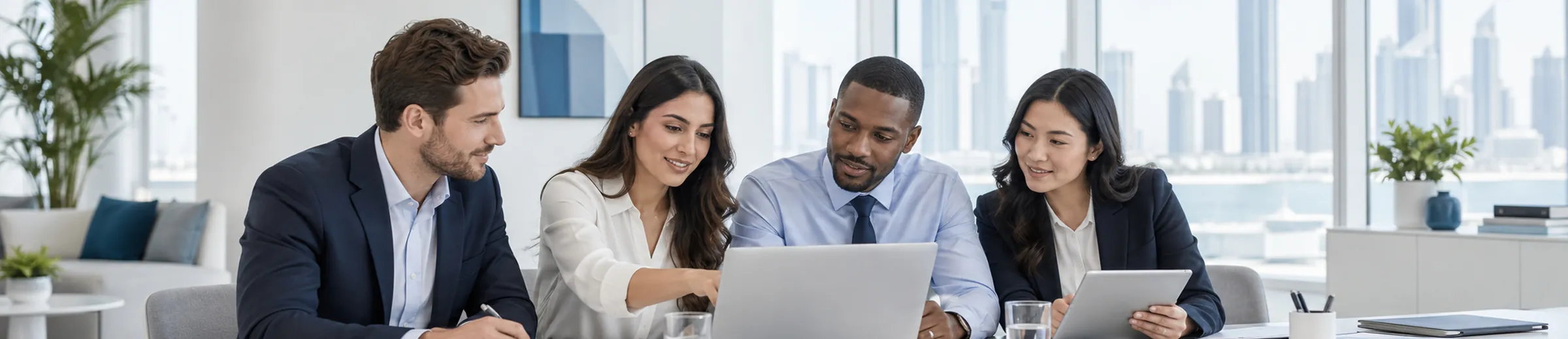 Business professionals collaborating at a long desk