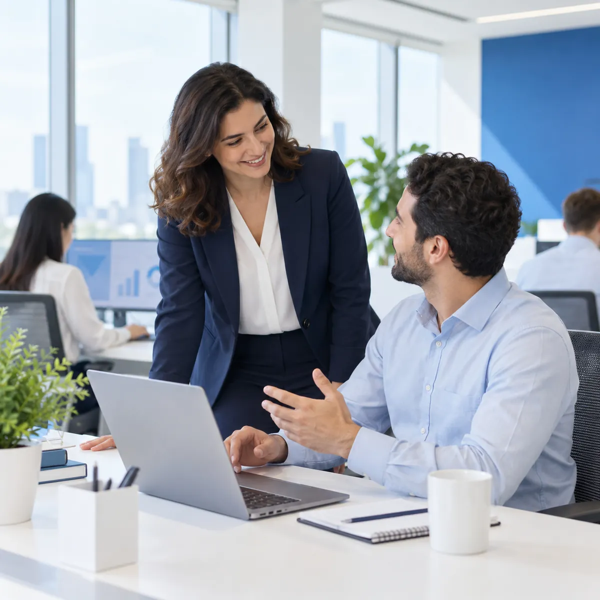Support professional listening to a colleague at an office desk
