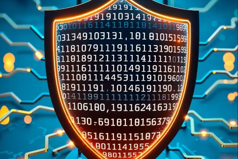 Shield overlaid on streams of binary digits above a circuit board