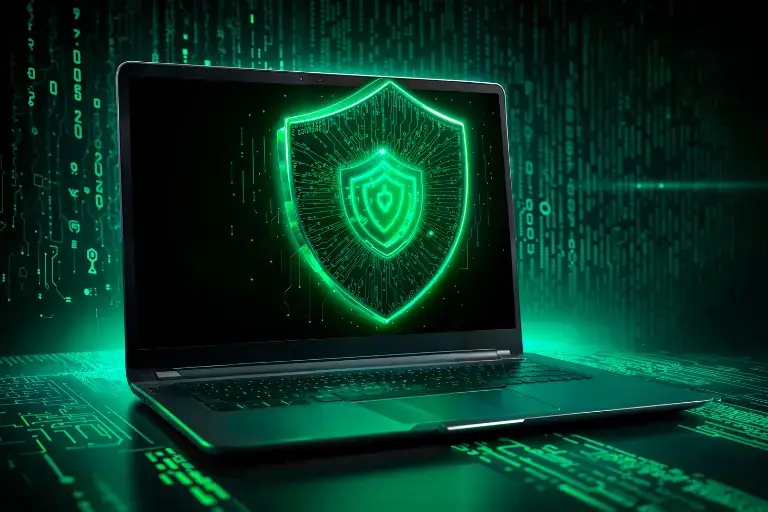 Laptop screen showing a glowing shield icon over streams of code, representing endpoint protection