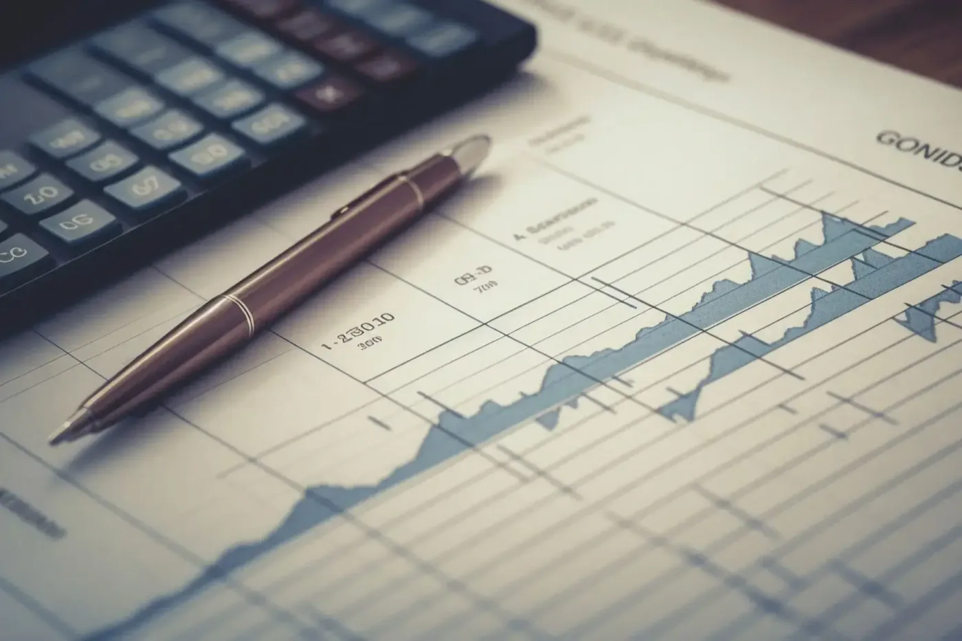 Pen and calculator resting on a printed financial performance chart