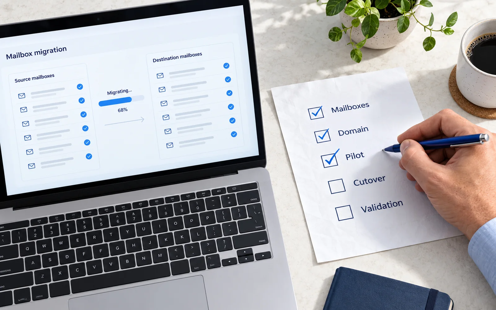 Laptop showing an illustrative mailbox migration beside a printed migration checklist