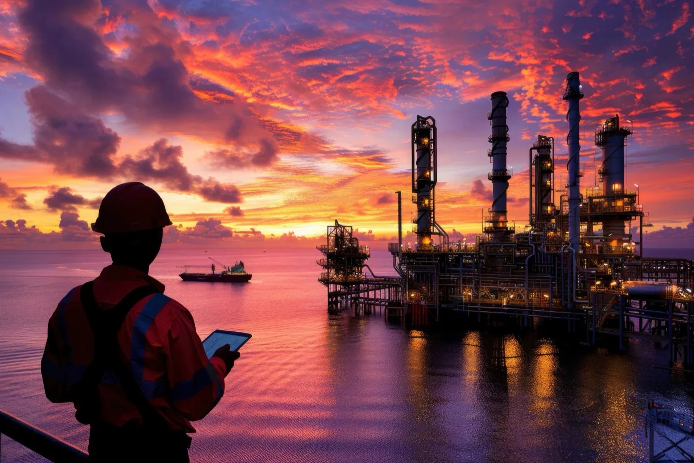 Worker in a hard hat holding a tablet, looking out at an offshore oil and gas platform at sunset