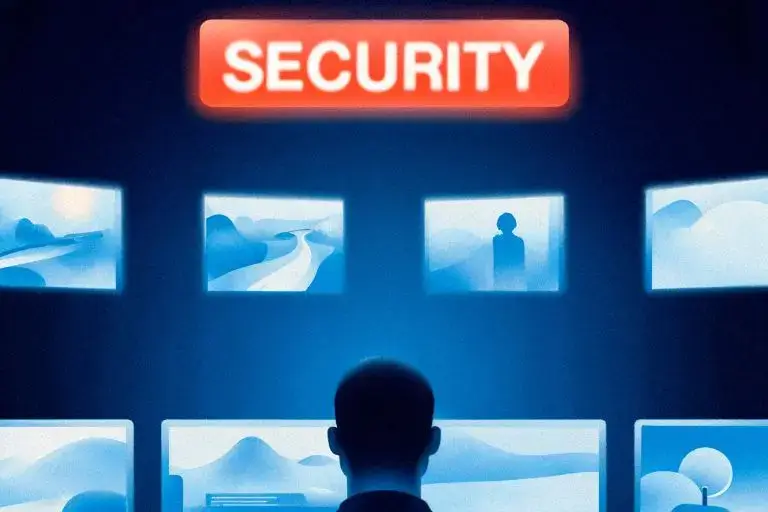 Operator watching a wall of CCTV monitors beneath an illuminated red security sign
