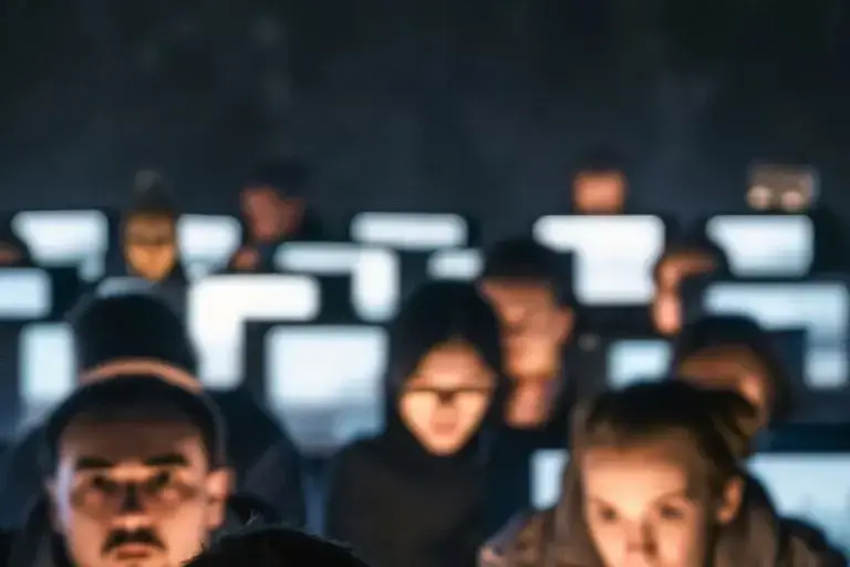Rows of staff working at brightly lit computer screens in a darkened training room