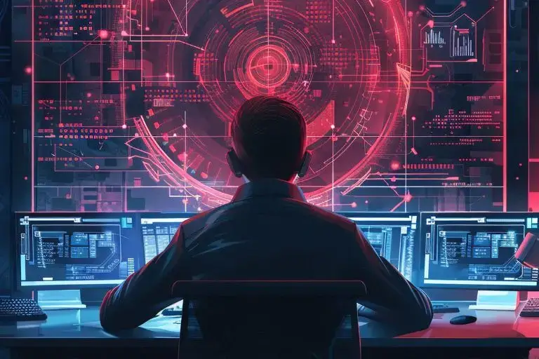Analyst at a desk facing a large red threat-analysis dashboard on a wall display