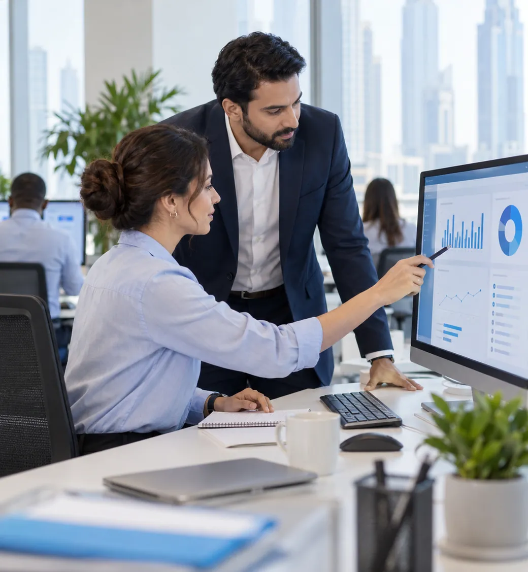 Two colleagues reviewing business charts at a desktop monitor