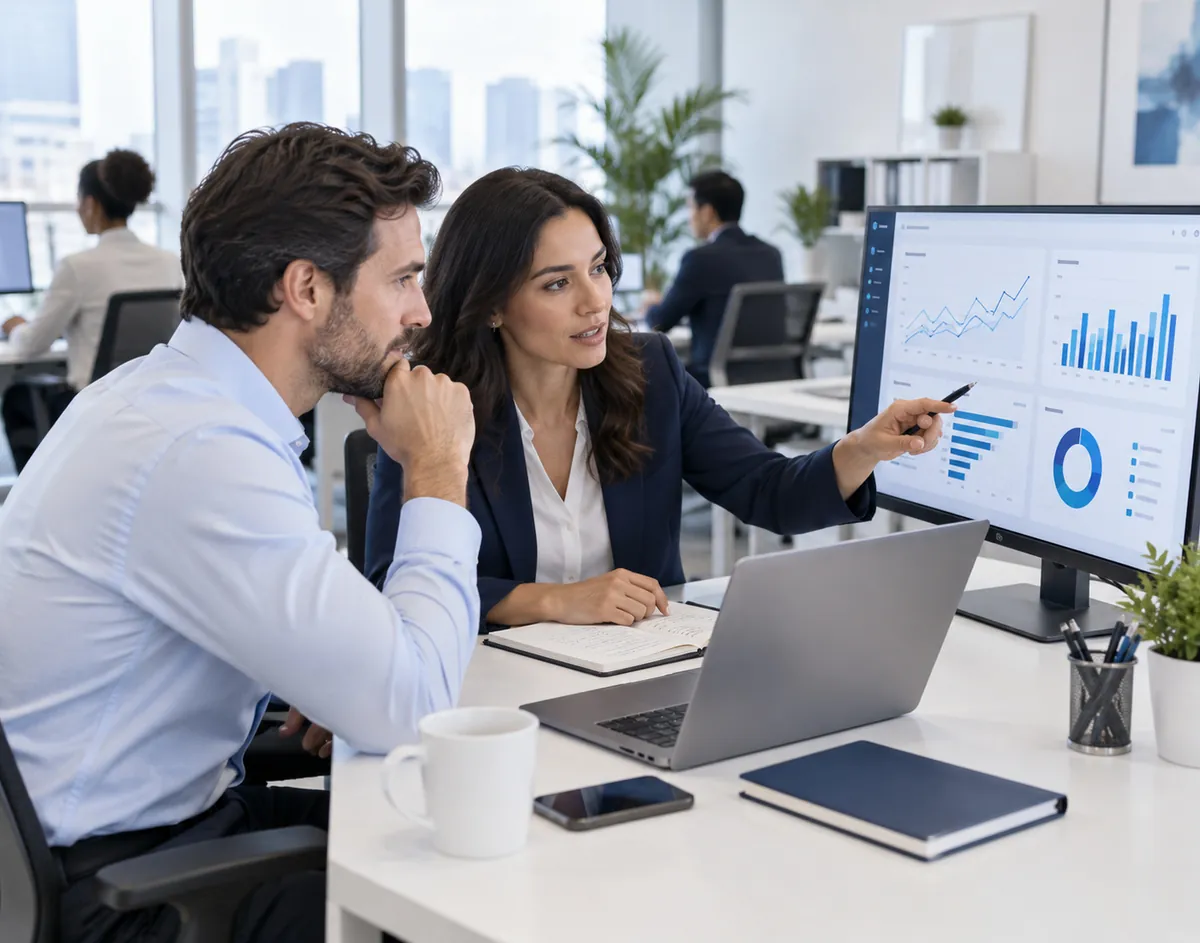 Colleagues reviewing business software charts at a desk