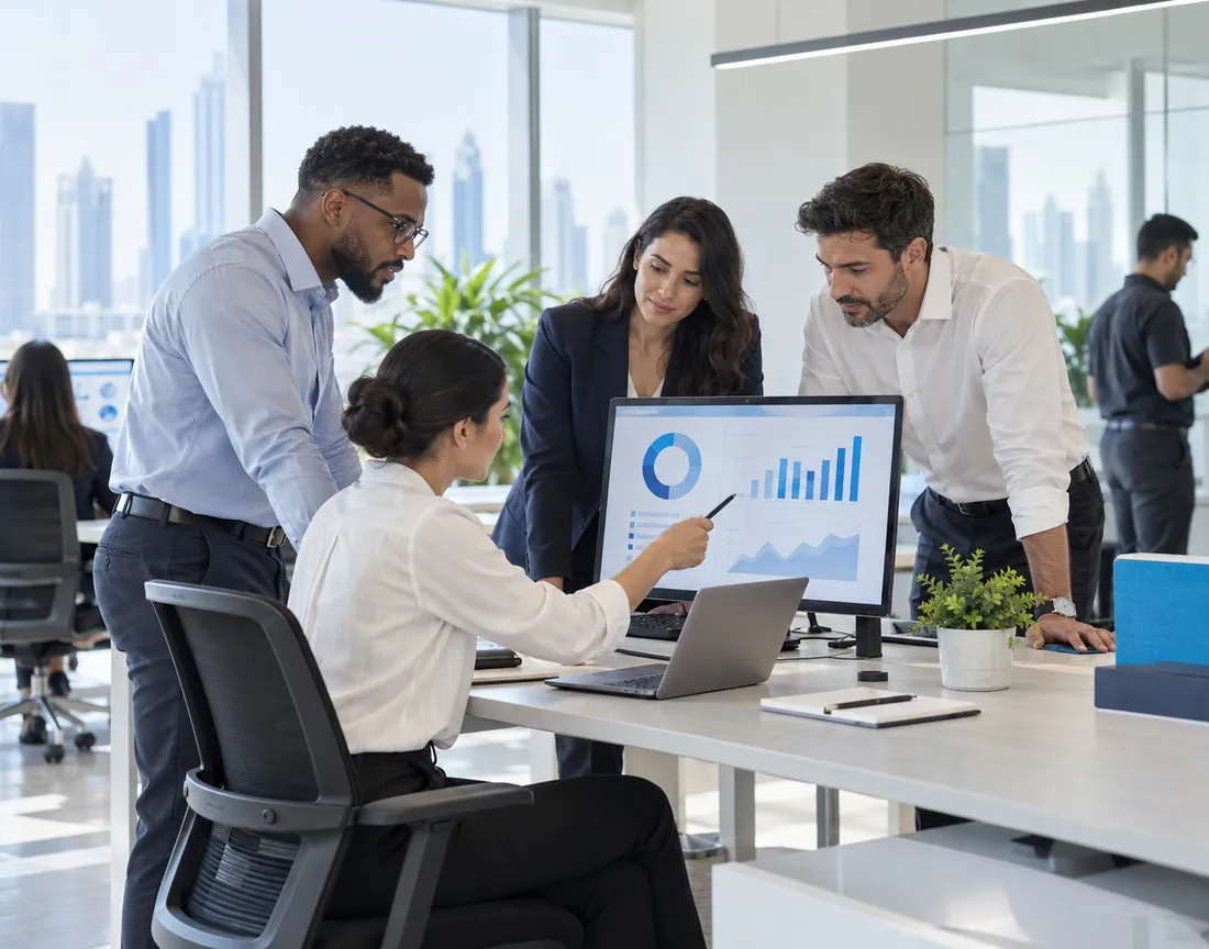 Office colleagues gathered around a monitor to review charts