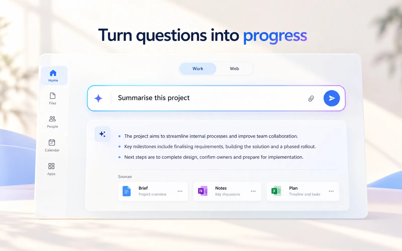 Illustrative AI assistant with a prompt a business summary and source cards