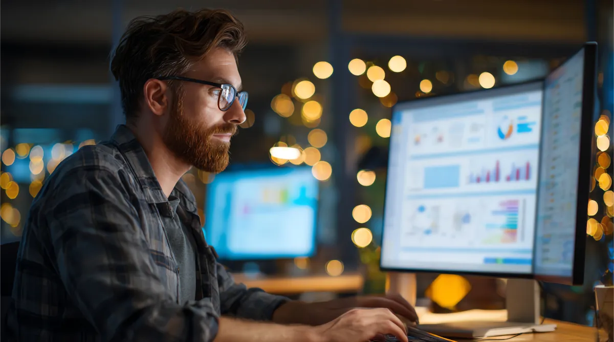 Analyst reviewing a data dashboard on a large monitor in the evening