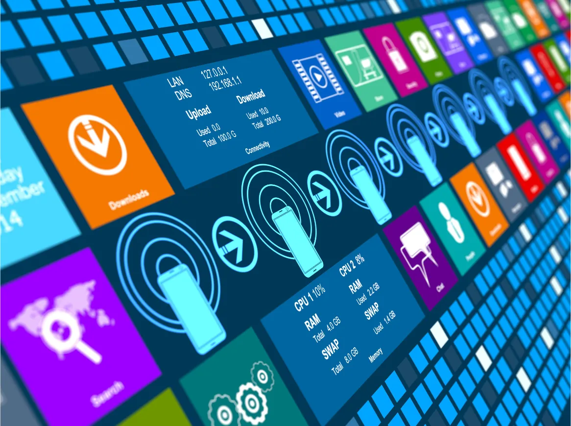Colourful app tiles on a digital interface