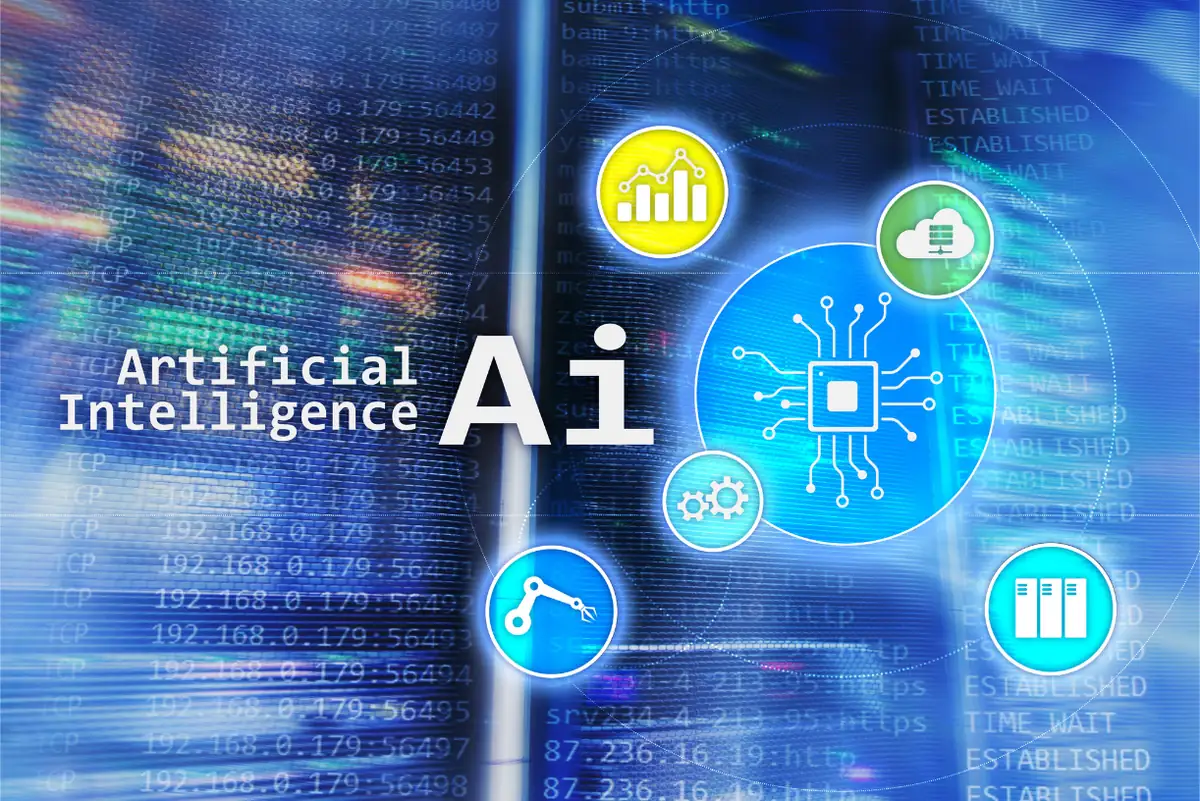 Artificial intelligence concept with AI icons over data