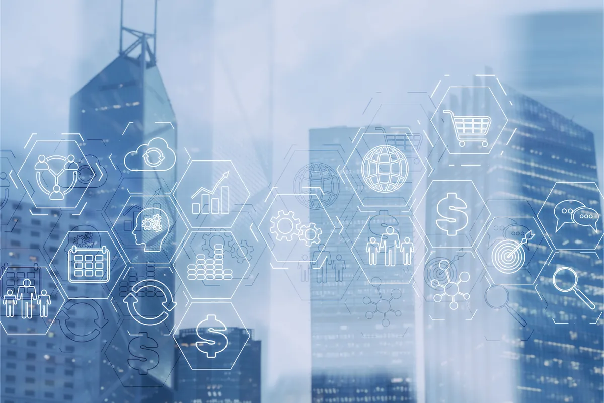 Business and finance icons over a city skyline