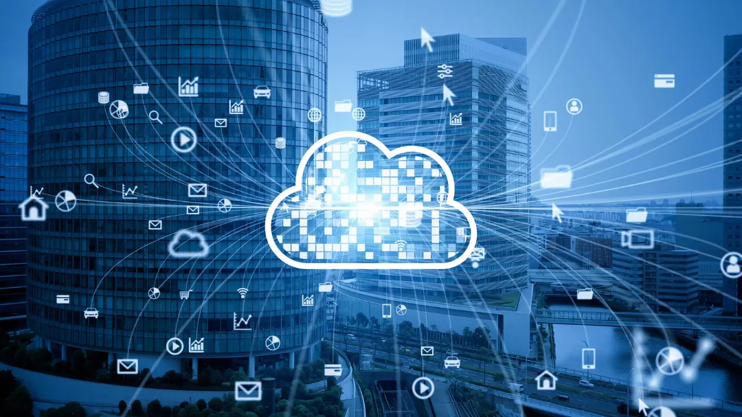 Cloud icon over office towers connected to apps and devices