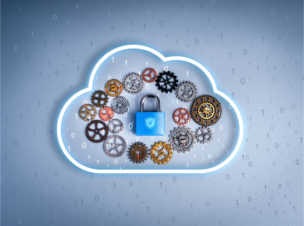 Cloud outline filled with gears and a padlock