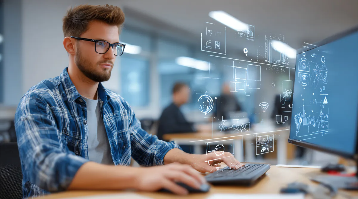 Developer at a desk with digital interface graphics overlaid