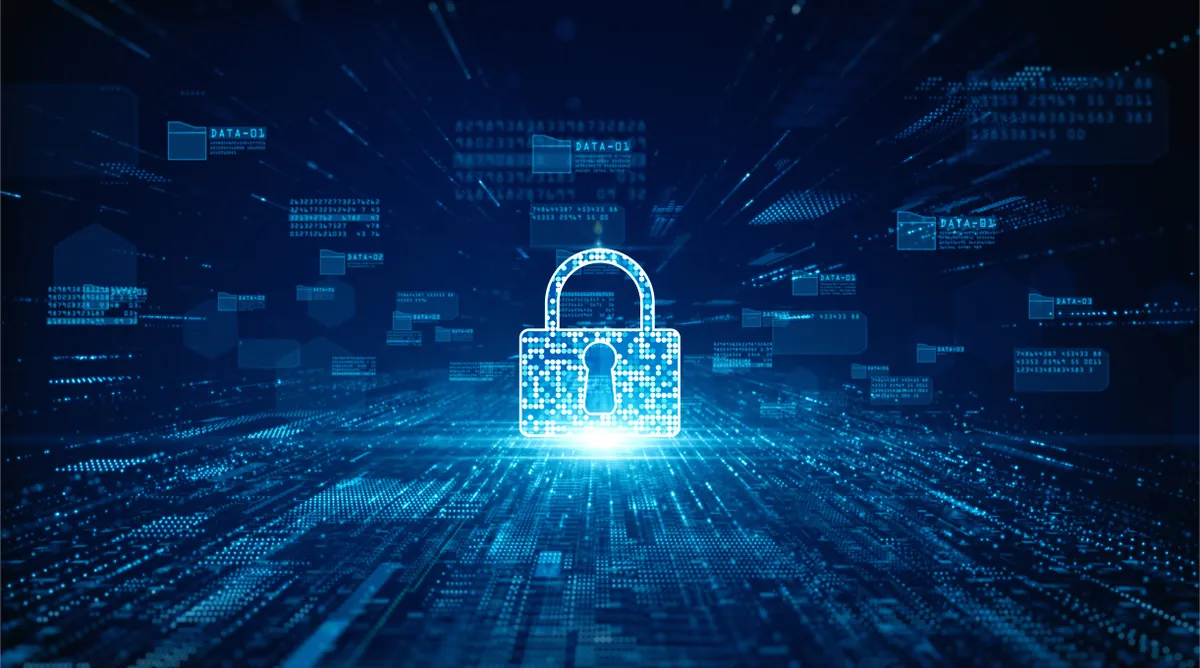 Glowing padlock on a digital data background
