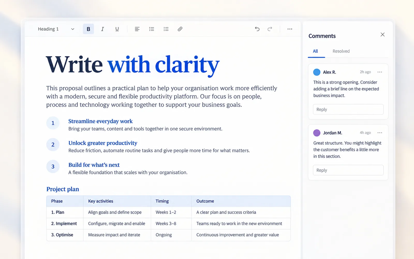 Illustrative document editor with a business proposal and revision notes