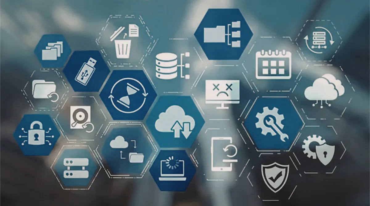 Hexagon icons for IT services: cloud, security, backup and settings