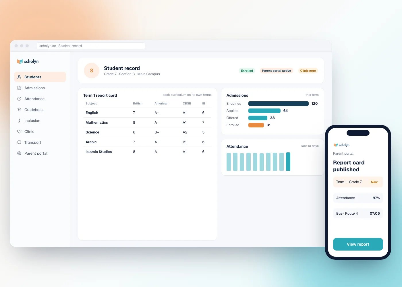 Illustrative mockup of Scholyn: a student record with a report card in British, American, CBSE and IB grades, and the parent portal on a phone