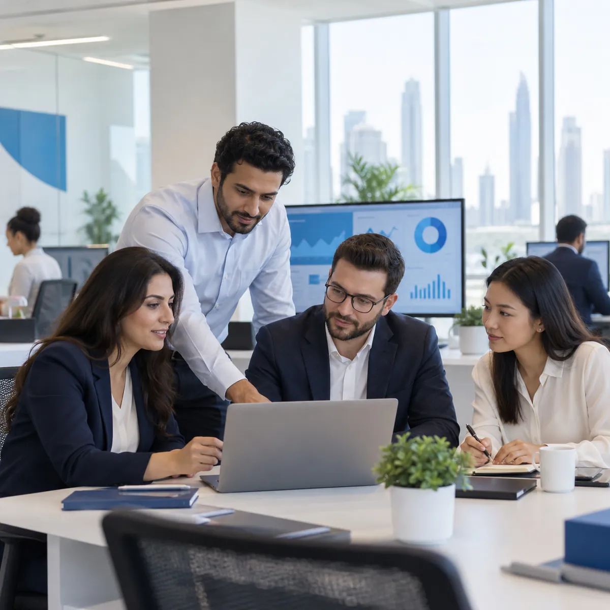 Colleagues collaborating around a laptop in a bright office