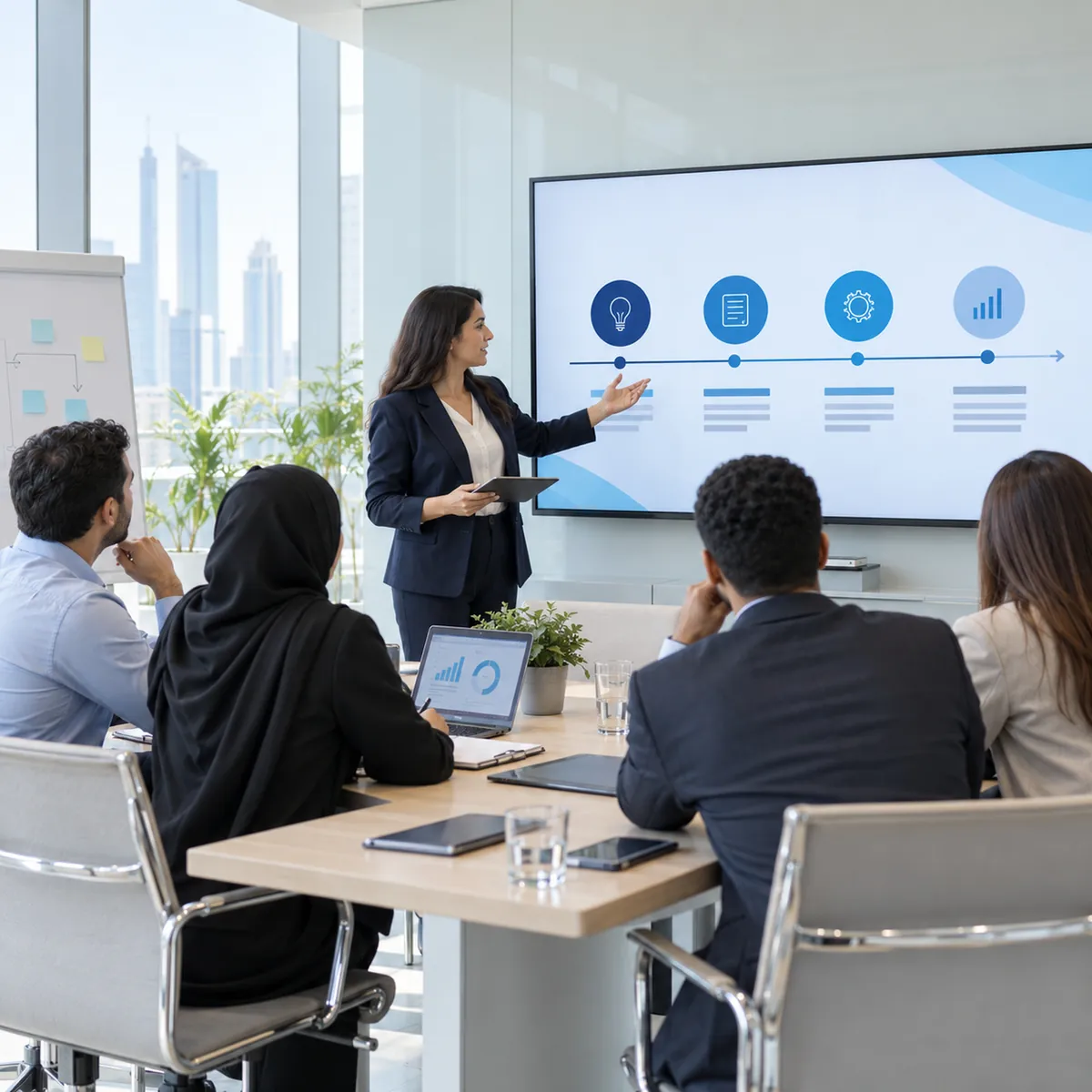 Team discussing a technology roadmap on a wall display