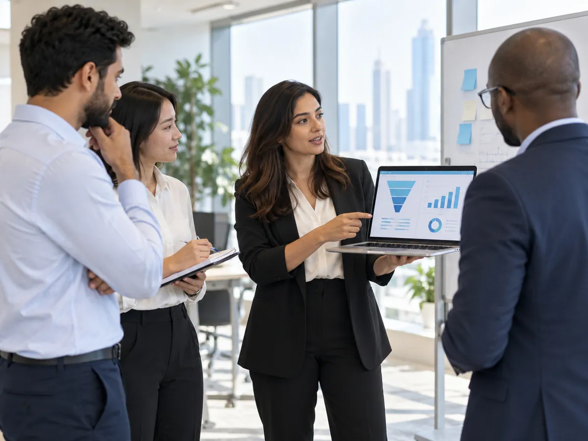Sales colleagues reviewing a pipeline chart on a laptop