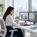 Designer working on page layouts and photo edits at two monitors