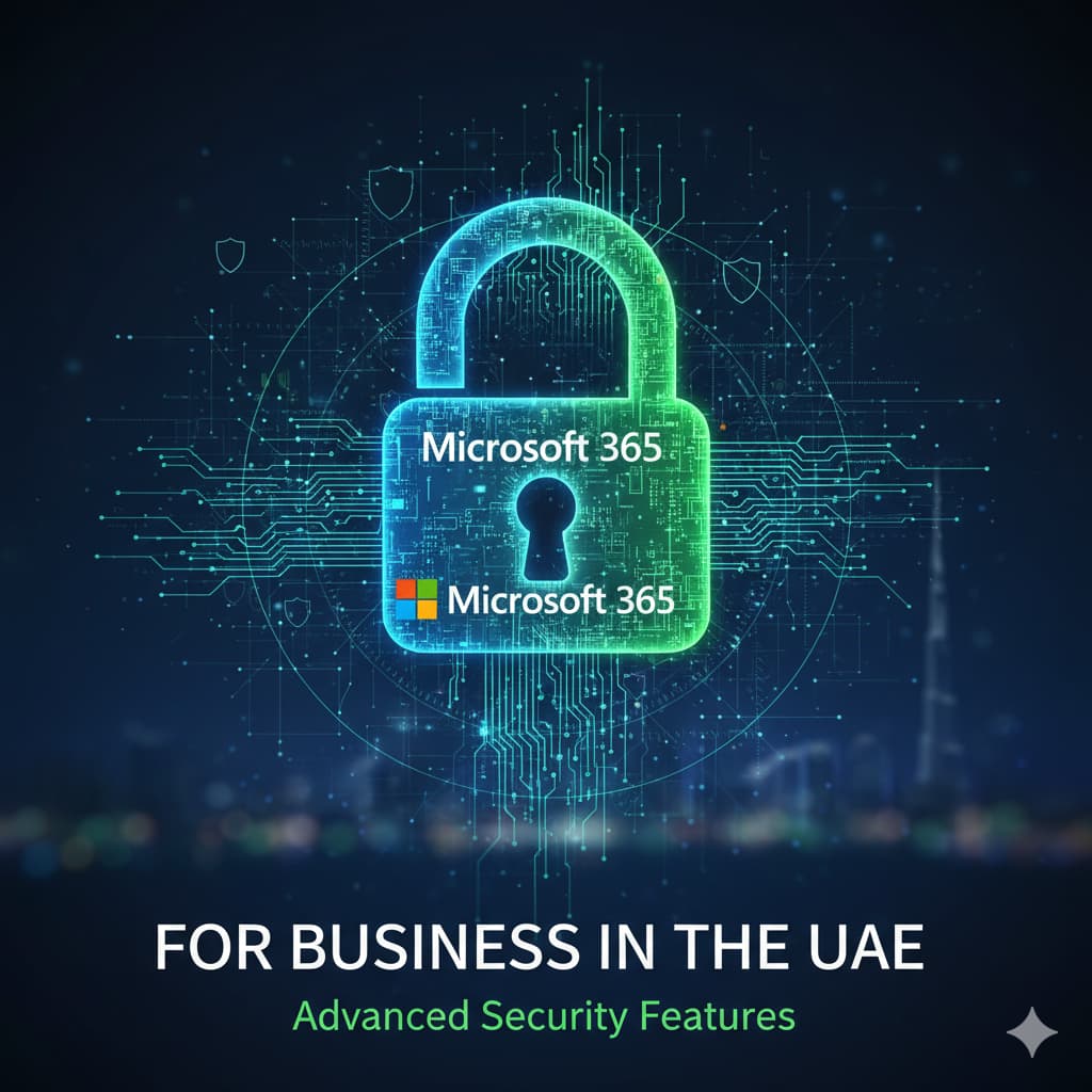 A digital padlock graphic representing the advanced security features of Microsoft 365 for Business in the UAE