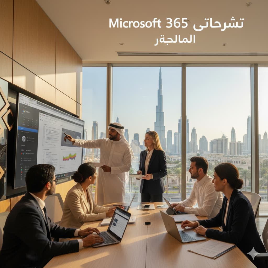 A diverse business team in a Dubai office collaborating on a project using Microsoft 365 for Business in the UAE