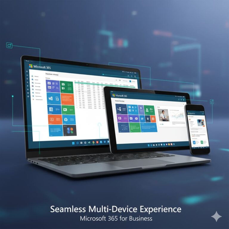 The seamless multi-device experience of Microsoft 365 for Business, shown on a laptop, tablet, and smartphone.